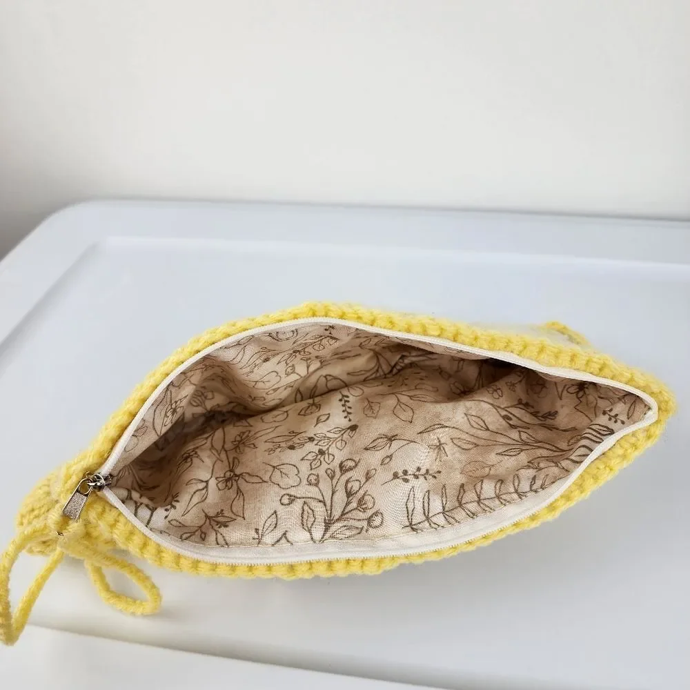 Handmade Crochet Granny Square Clutch Yellow Cream Boho Heart Charm Makeup Pouch - Picture 2 of 15